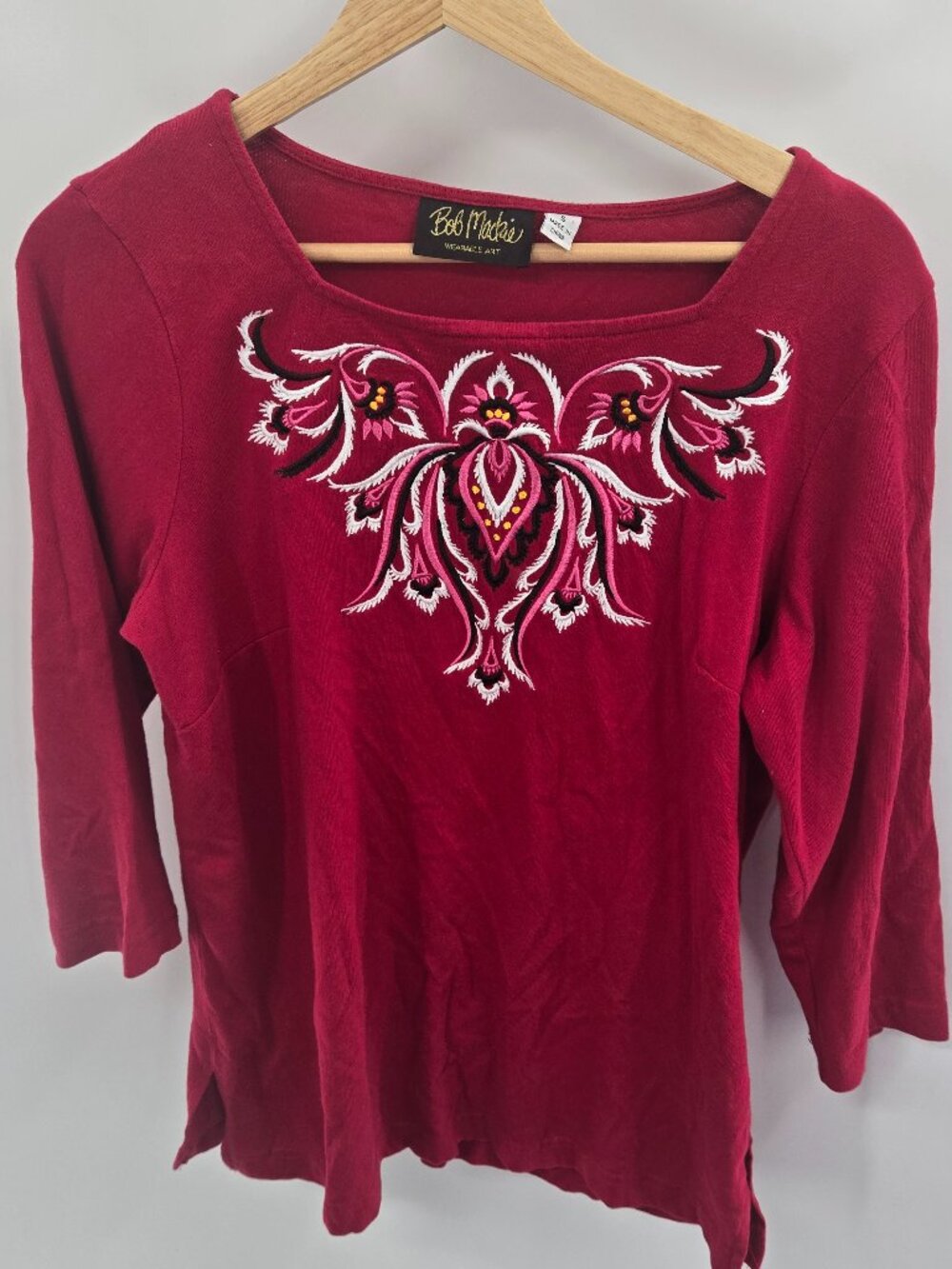 Bob Mackie Magenta Red Wearable Art Embroidered 3/4 Sleeve Top Small